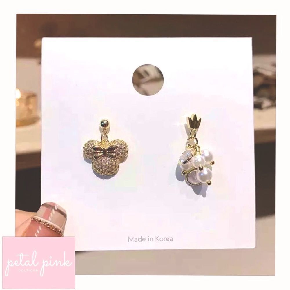 Asymmetric Crystal and Simulated Pearl Mouse Ears Earrings